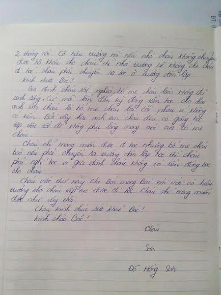 Rớt nước mắt bức thư của học sinh nghèo bị đình chỉ học ở trường công vì không có hộ khẩu ở Hà Nội 2