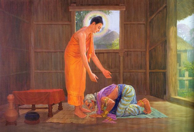 Vua Pasenadi (Ba-tư-nặc) quỳ lạy dưới chân Đức Phật trong khi ông trình bày và giải thích những phẩm hạnh của Đức Phật
